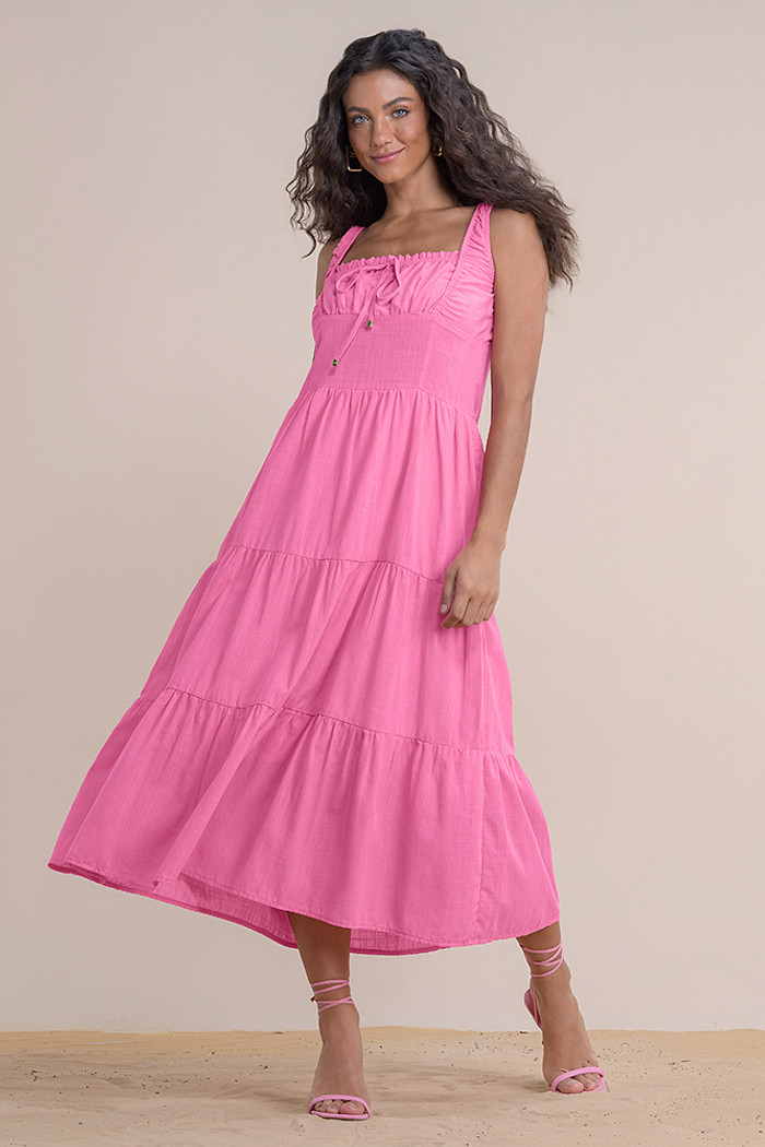 Vestido midi em cambraia com laço decorativo e lastex nas costa