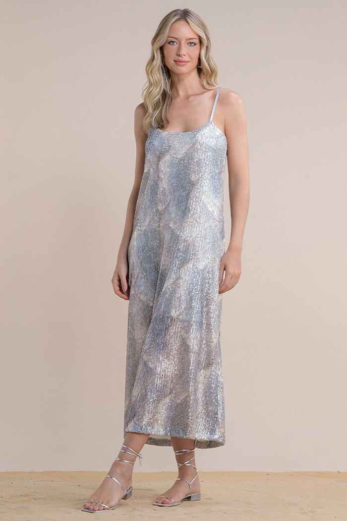 Vestido midi em paetê estampado de alça