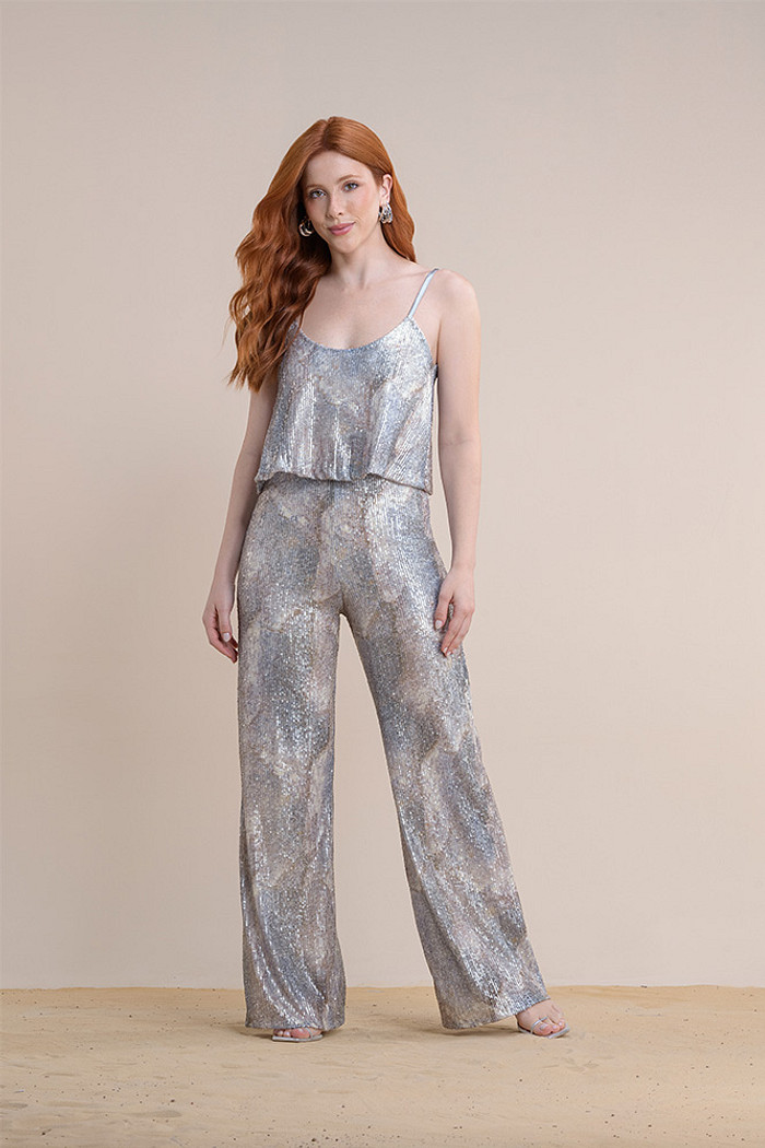 Calça em paetê estampado com elástico na cintura