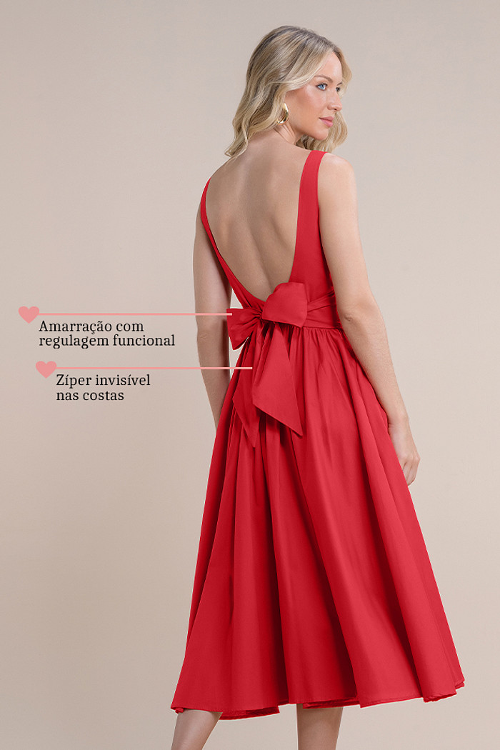 Vestido midi costas abertas com amarração ajustável laço
