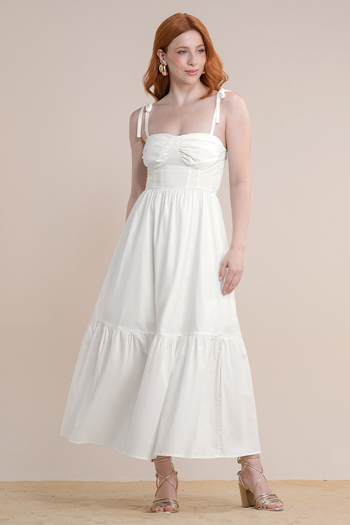 Vestido midi em tricoline com lastex nas costas