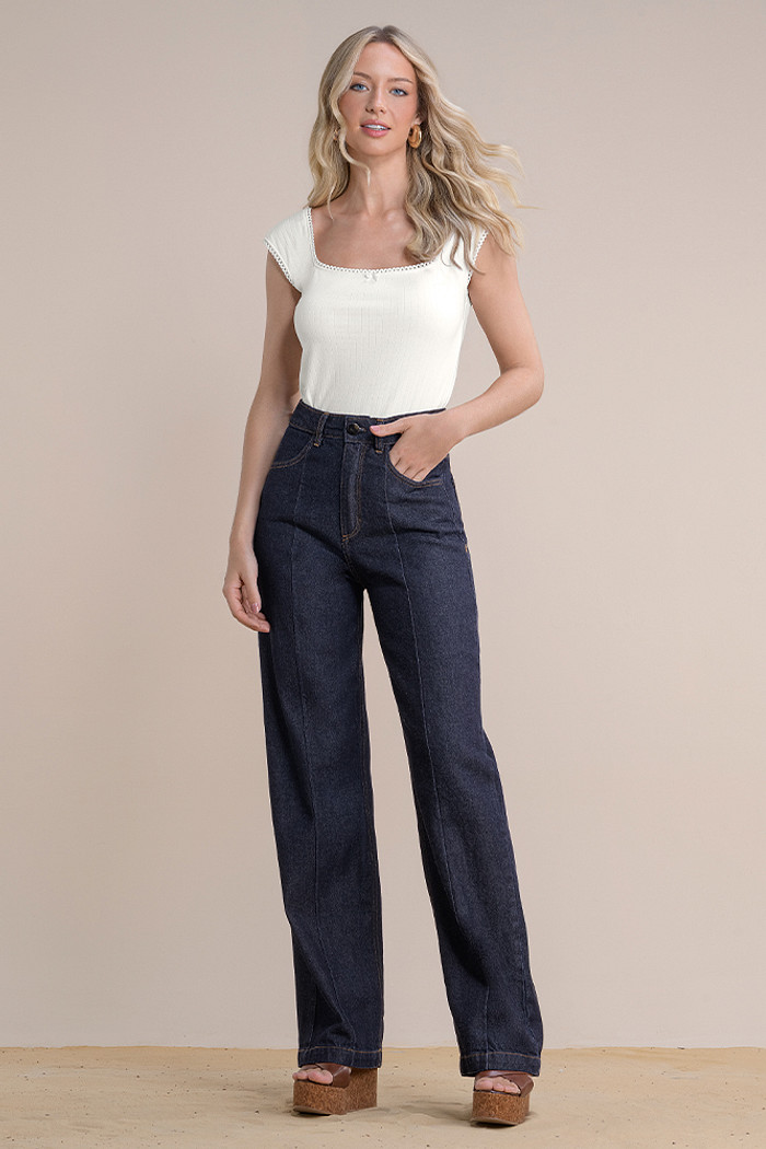 Calça jeans wide leg com bolso