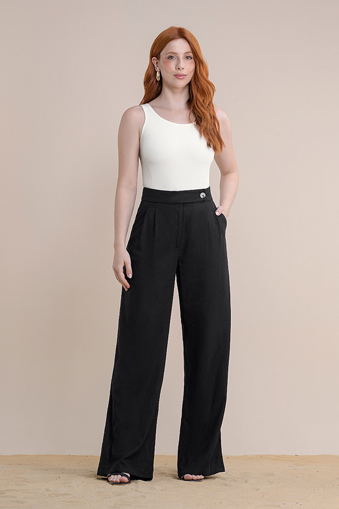 Calça reta linho com bolso