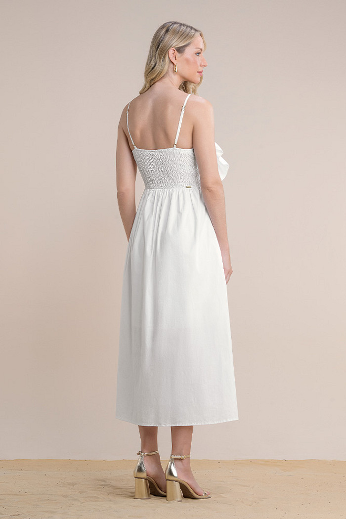 Vestido midi com babados em tricoline