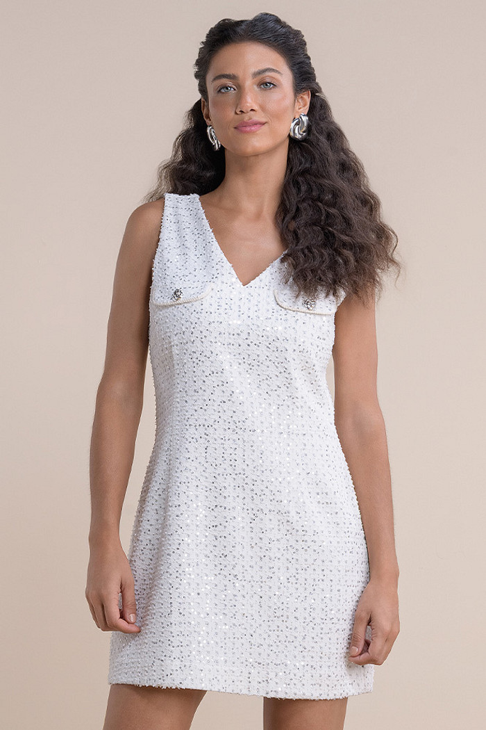 Vestido curto tweed bordado