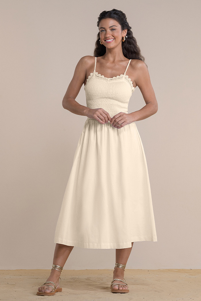 Vestido midi tricoline com alça e aplique decorativo