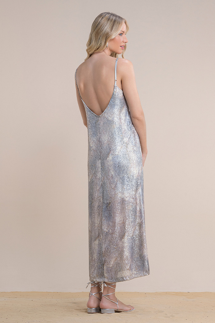 Vestido midi em paetê estampado de alça