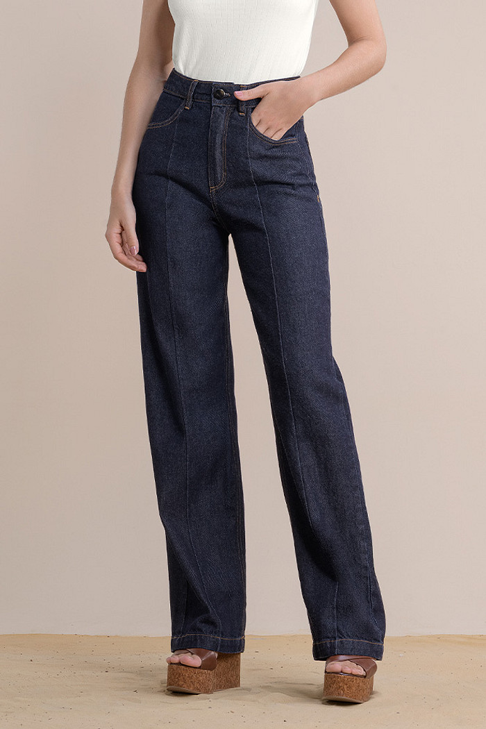 Calça jeans wide leg com bolso