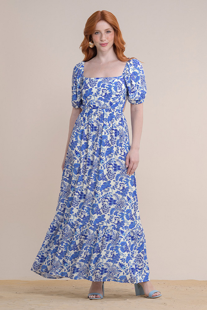 Vestido longo viscose com amarração na cintura