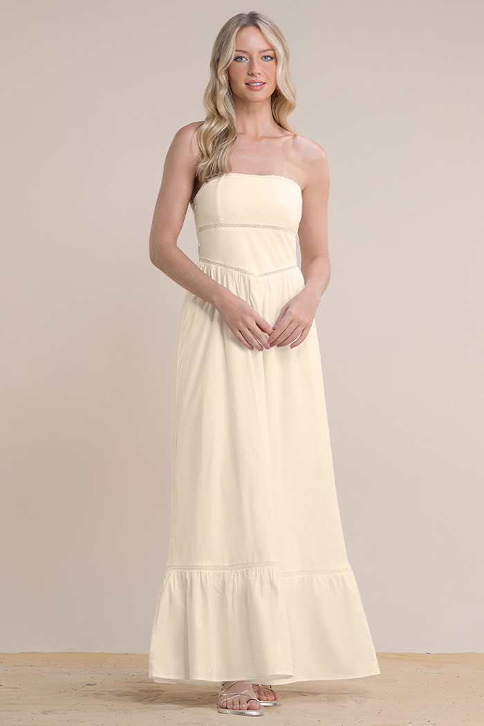 Vestido longo tricoline com aplique decorativo