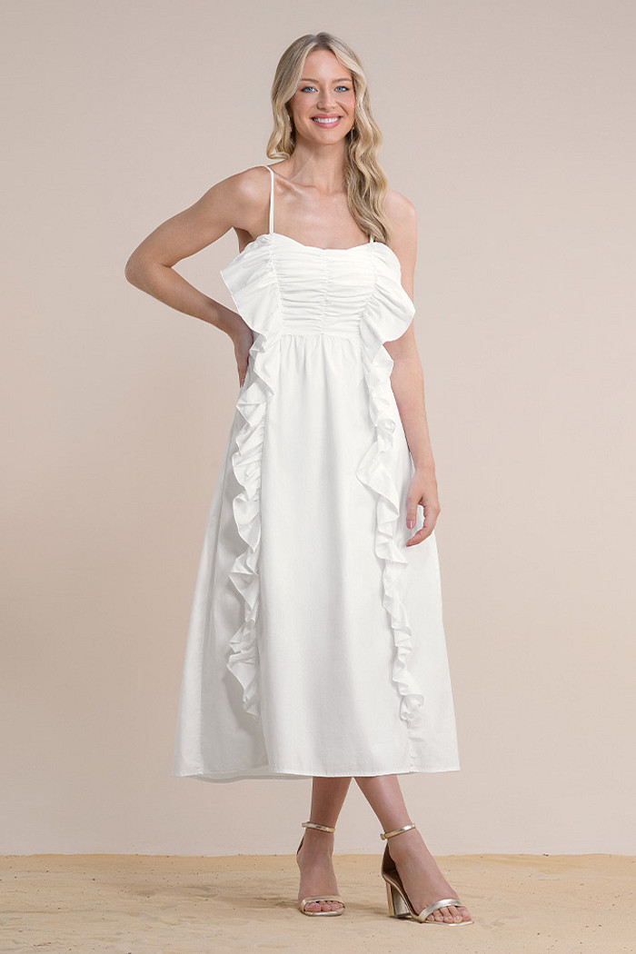 Vestido midi com babados em tricoline