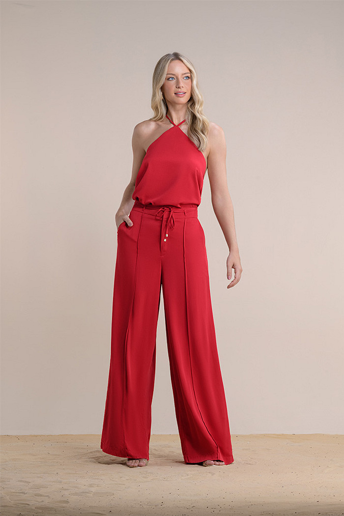 Calça pantalona lisa em viscose