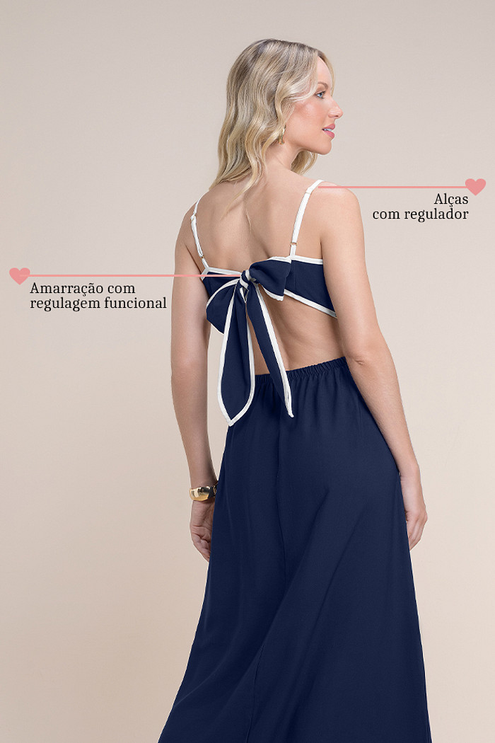 Vestido longo em alfaiataria com amarração regulável