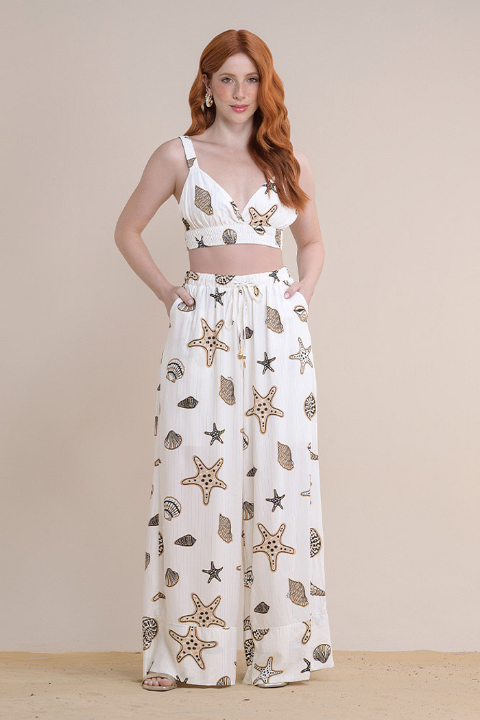 Calça viscose com elástico na cintura e amarração regulável