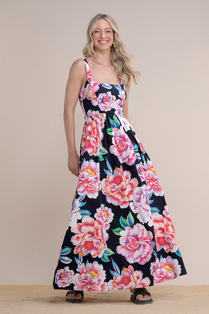 Vestido longo em tricoline com lastex nas costas e alça