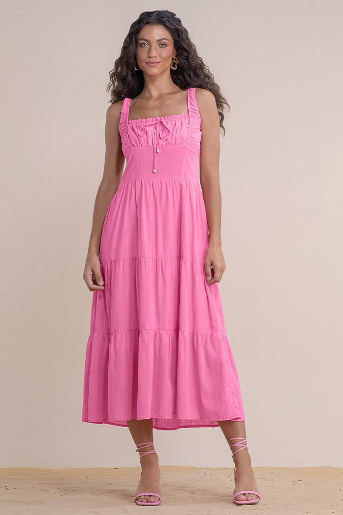 Vestido midi em cambraia com laço decorativo e lastex nas costa