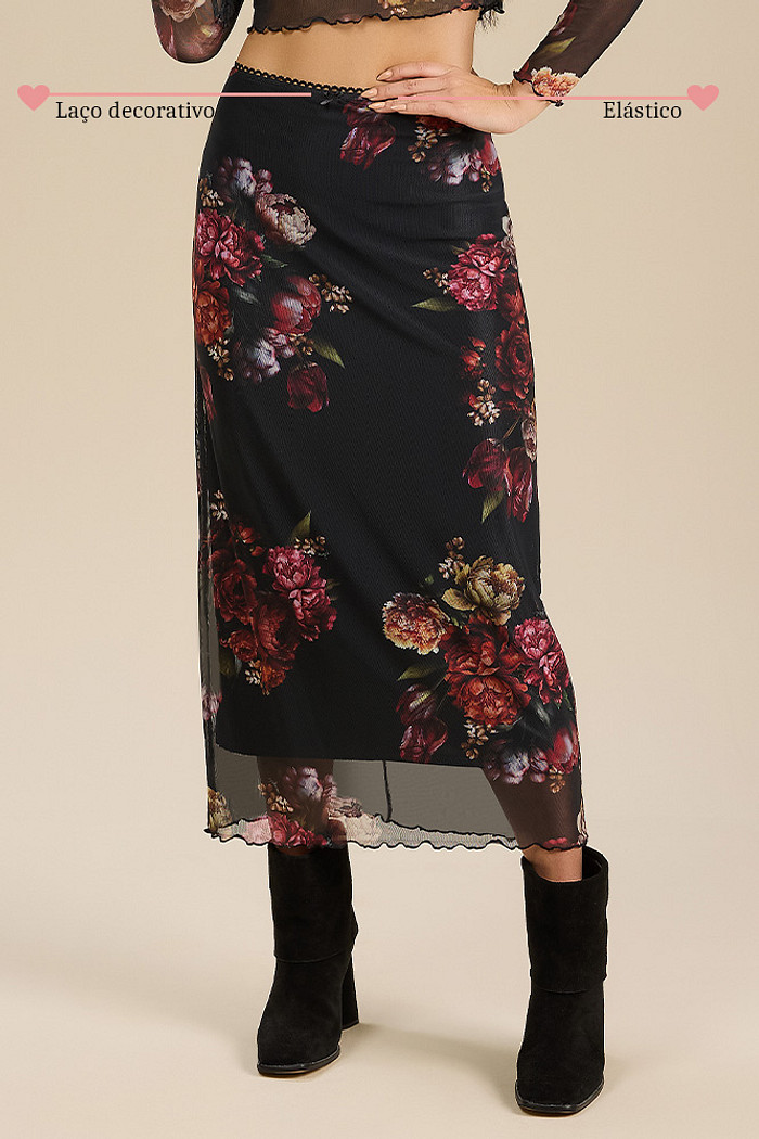 Saia midi em tule estampado