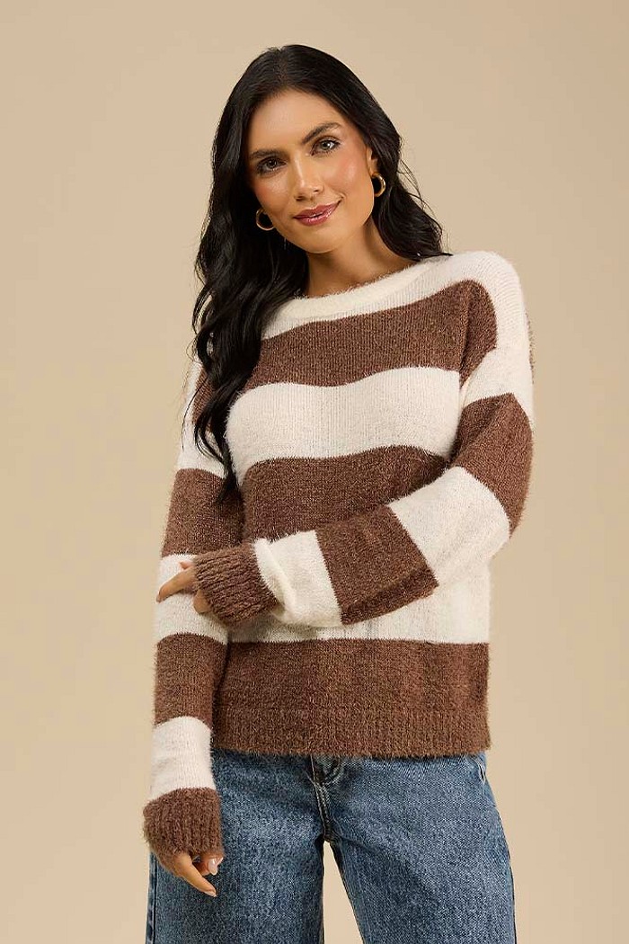 Blusa manga longa em tricot listras