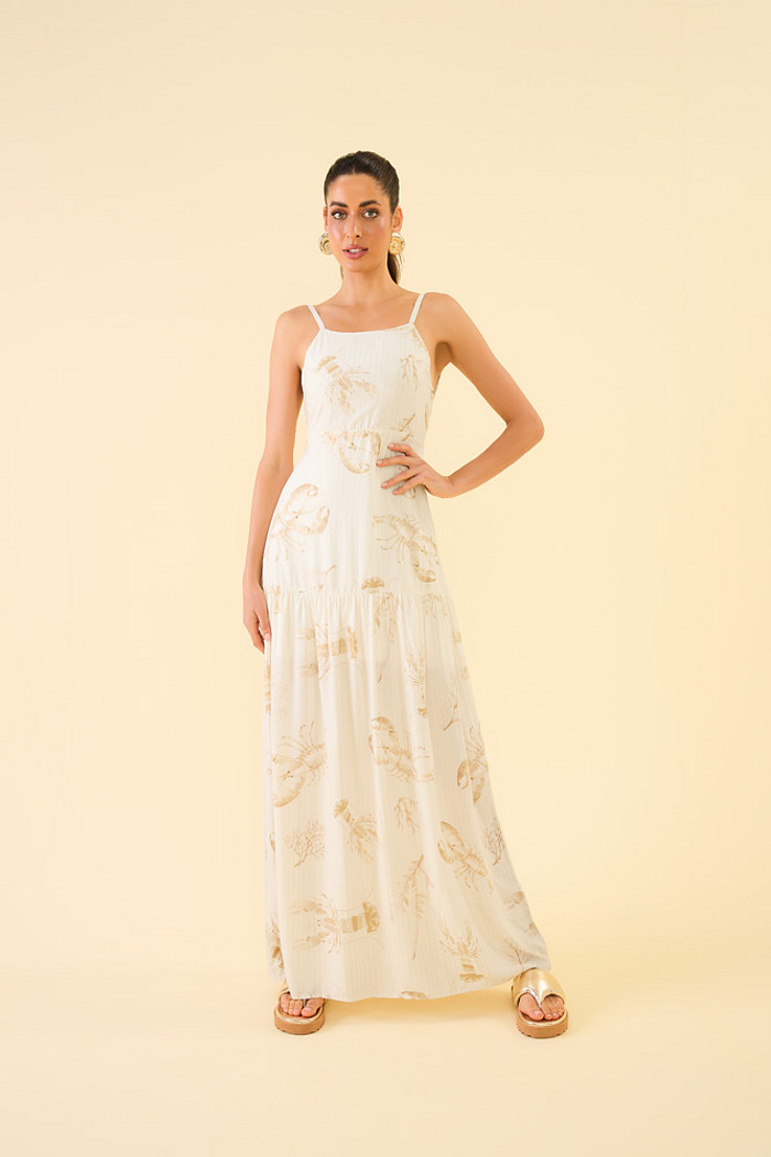 Vestido longo em viscose lurex lagosta