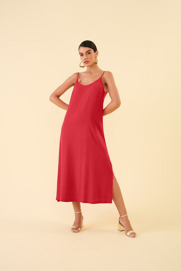 Vestido midi de alça com fenda em viscose