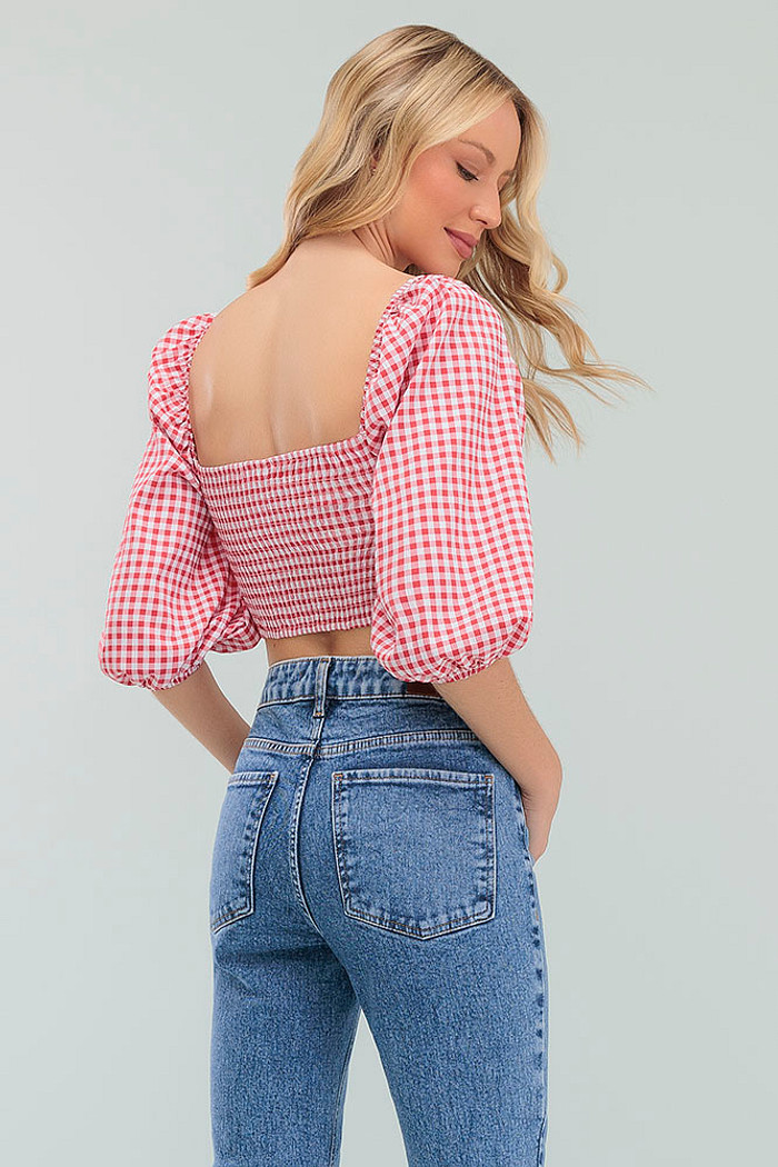 Blusa cropped vichy costas lastex e laço decorativo