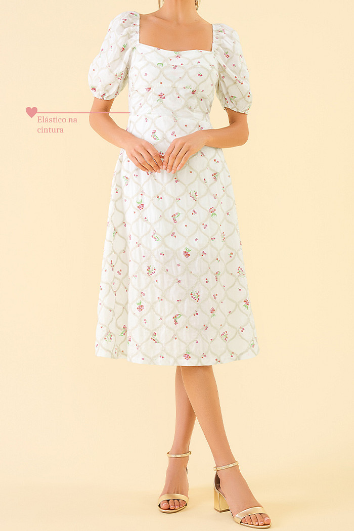 Vestido midi tecido bordado estampado com forro