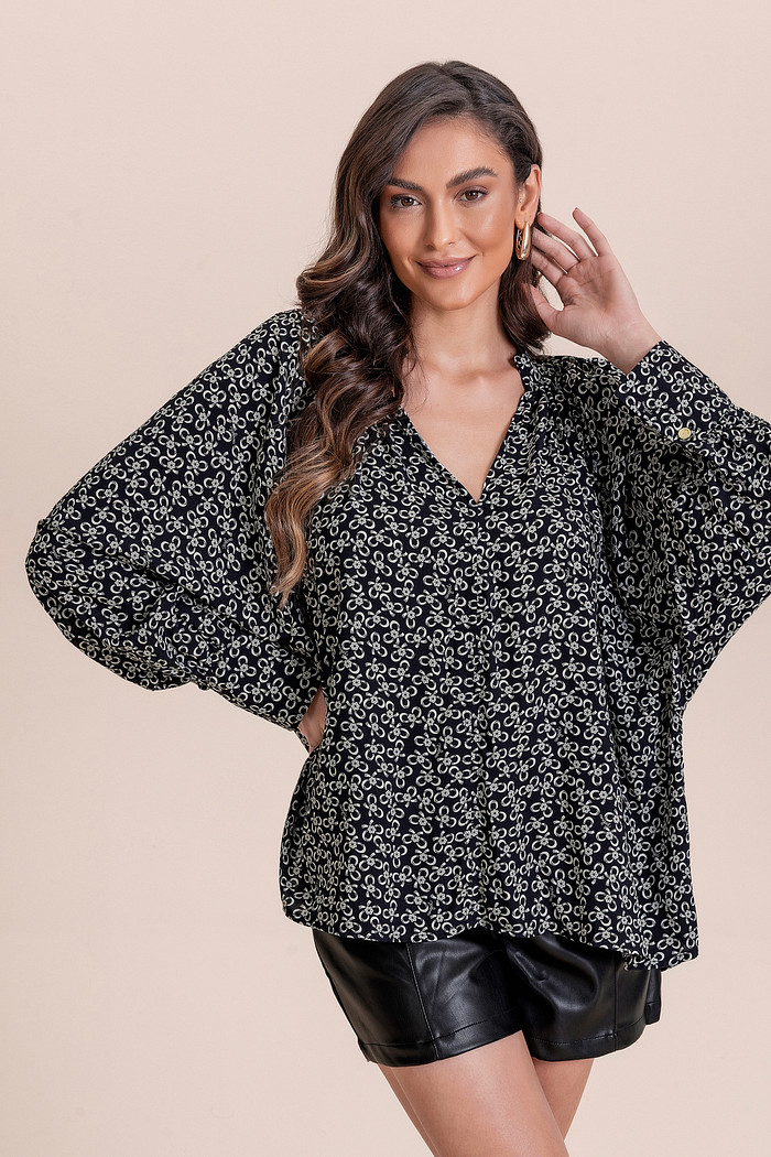 Blusa manga longa viscose estampada Ange