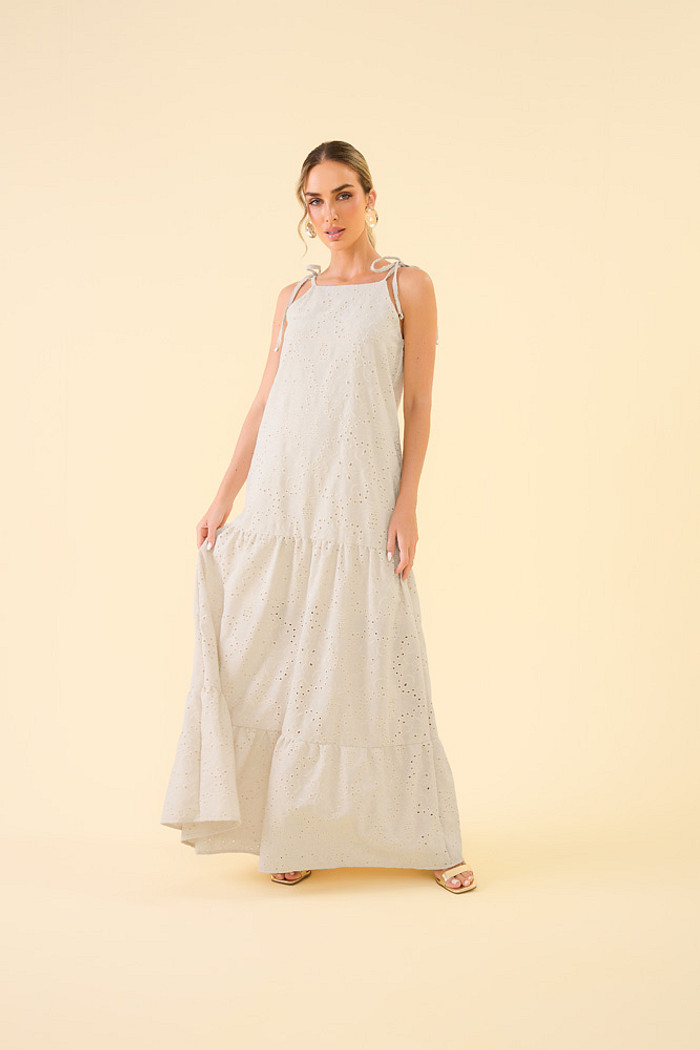 Vestido longo em laise bordado abacaxi com forro
