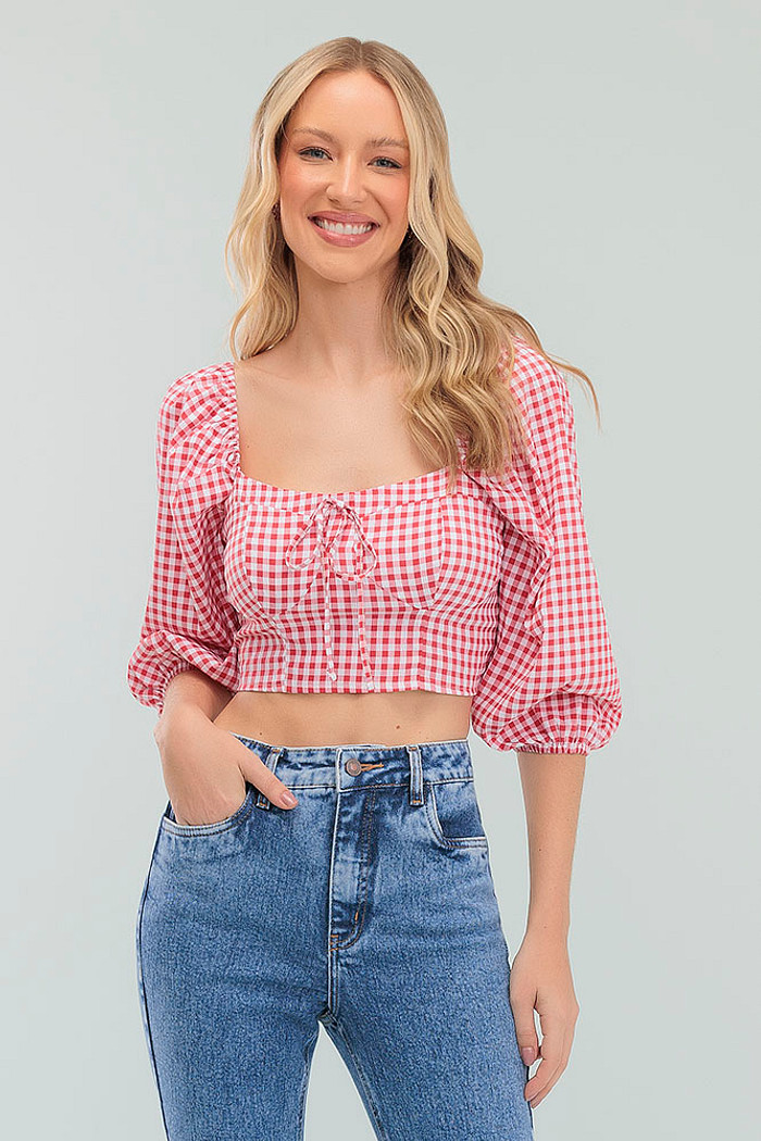 Blusa cropped vichy costas lastex e laço decorativo
