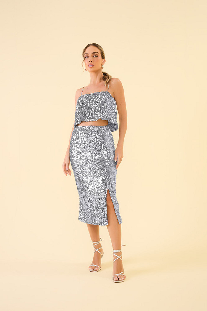 Saia midi em paetê com forro