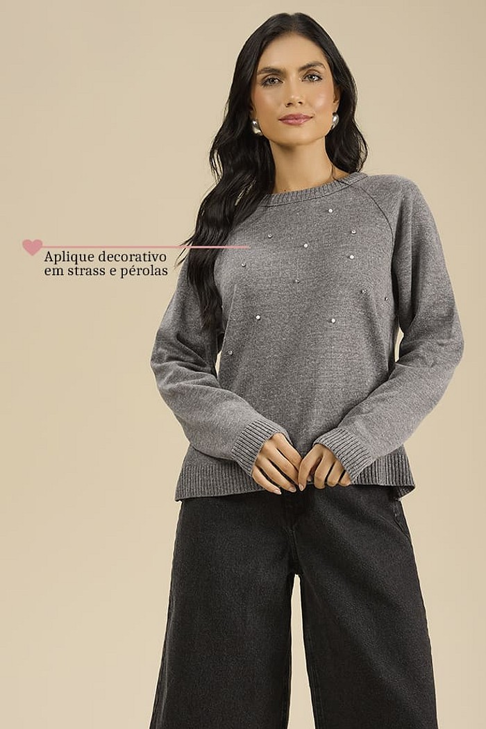 Blusa manga longa em tricot com aplique