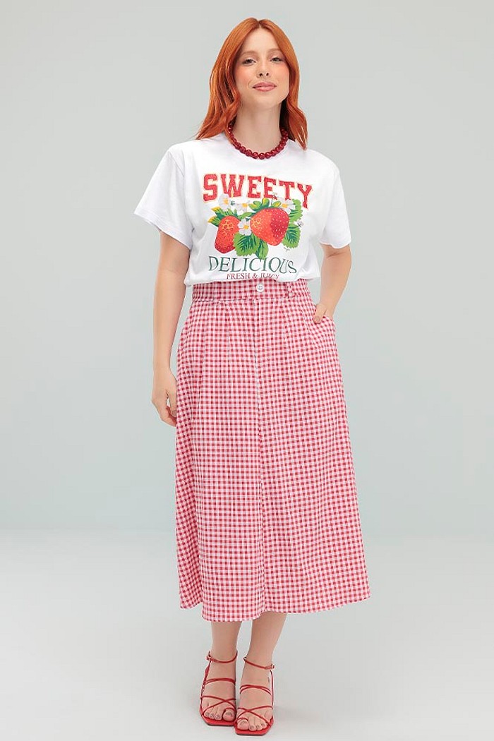 Saia midi vichy costas com elástico