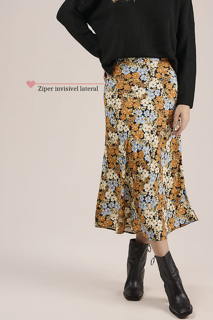 Saia midi com zíper invisível em viscose estampada
