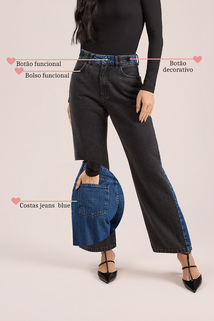 Calça reta recortes em jeans