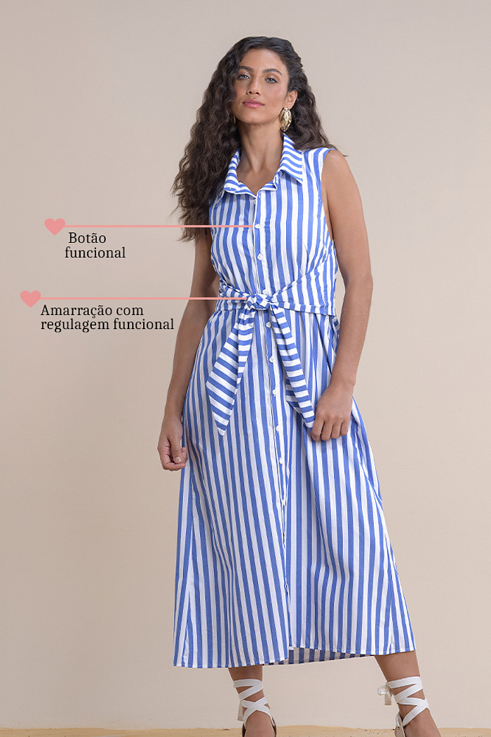 Vestido midi com botão funcional e amarração regulável