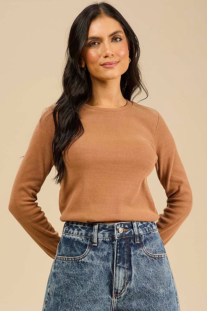 Blusa manga longa em ribana lavada