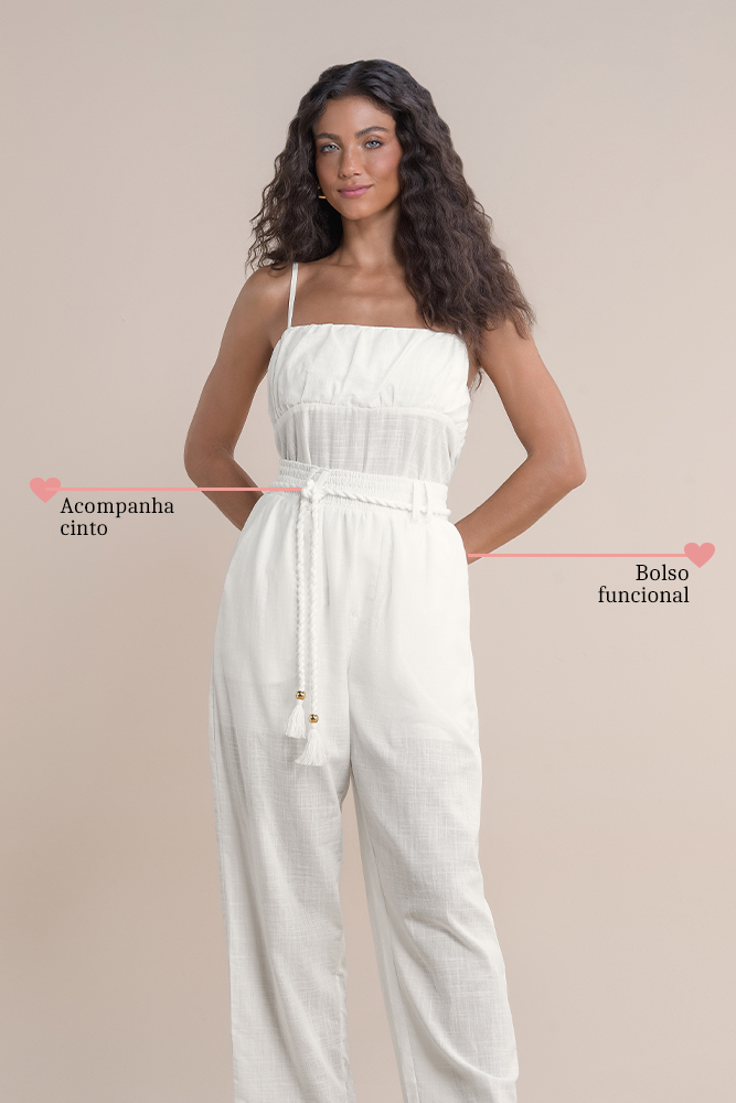 Calça em cambraia com elástico na cintura e cinto