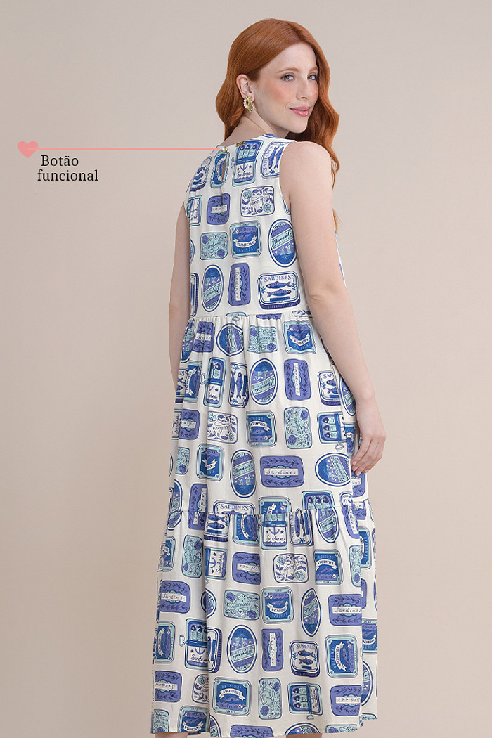 Vestido midi em tricoline com botão