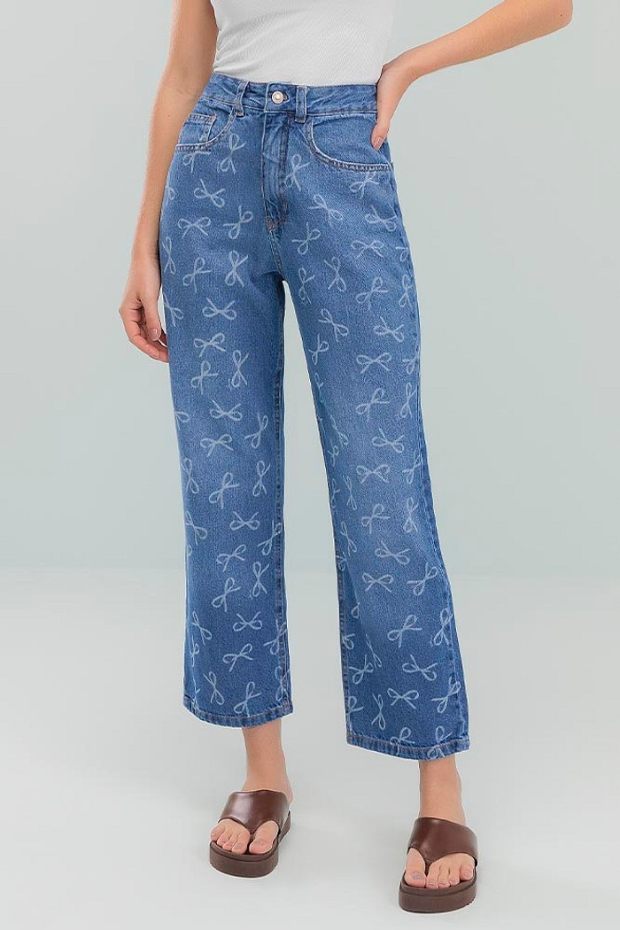 Calça reta denim laços com efeito de laser