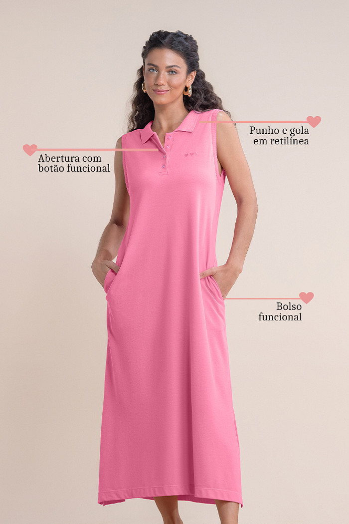 Vestido midi em malha piquet com gola polo