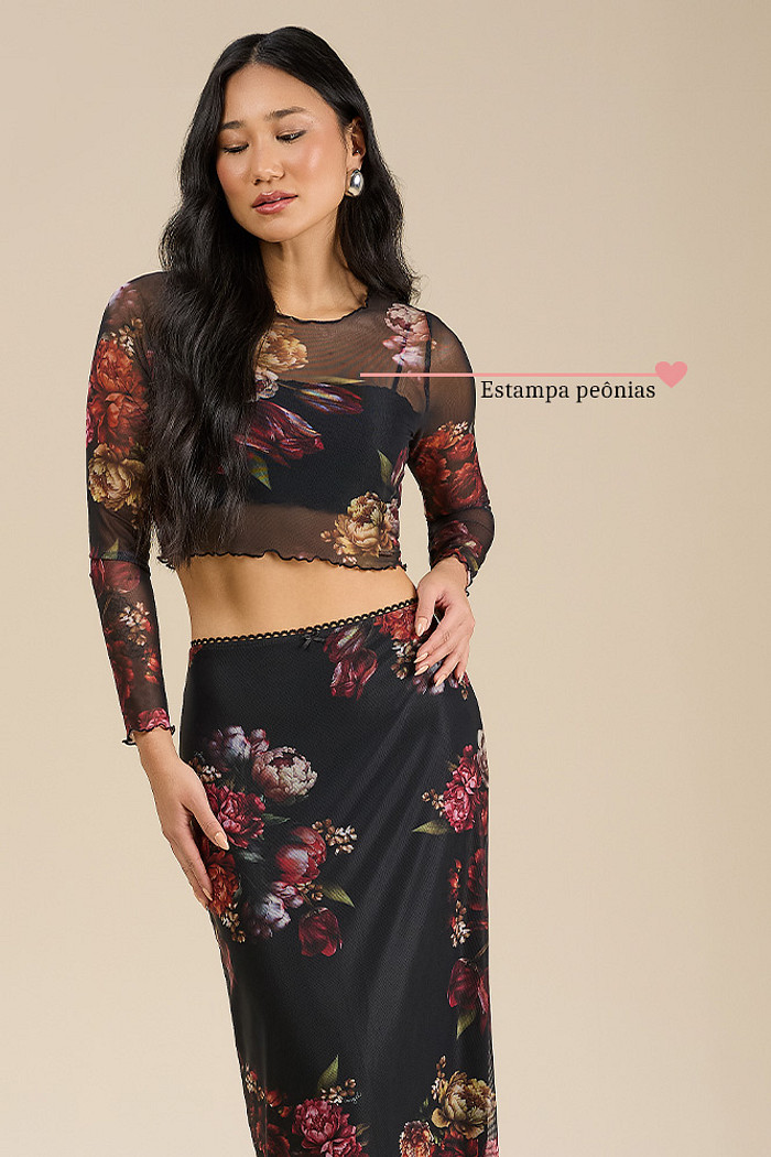 Blusa manga longa em tule estampado