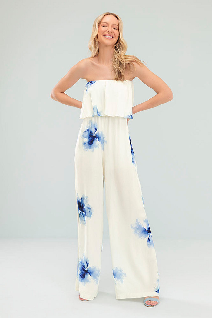 Macacão longo tomara que caia viscose estampada