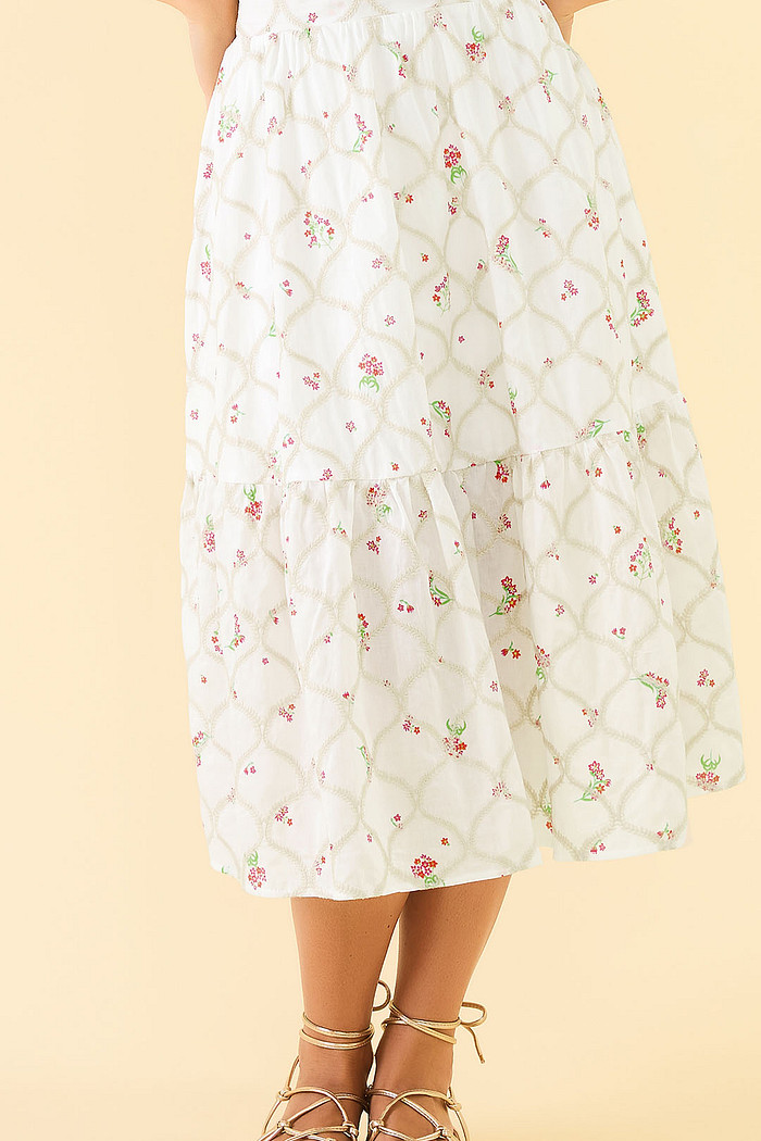 Saia midi em tecido bordado estampado com forro