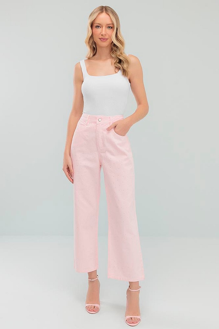 Calça reta candy rose com aplique em strass e bolso