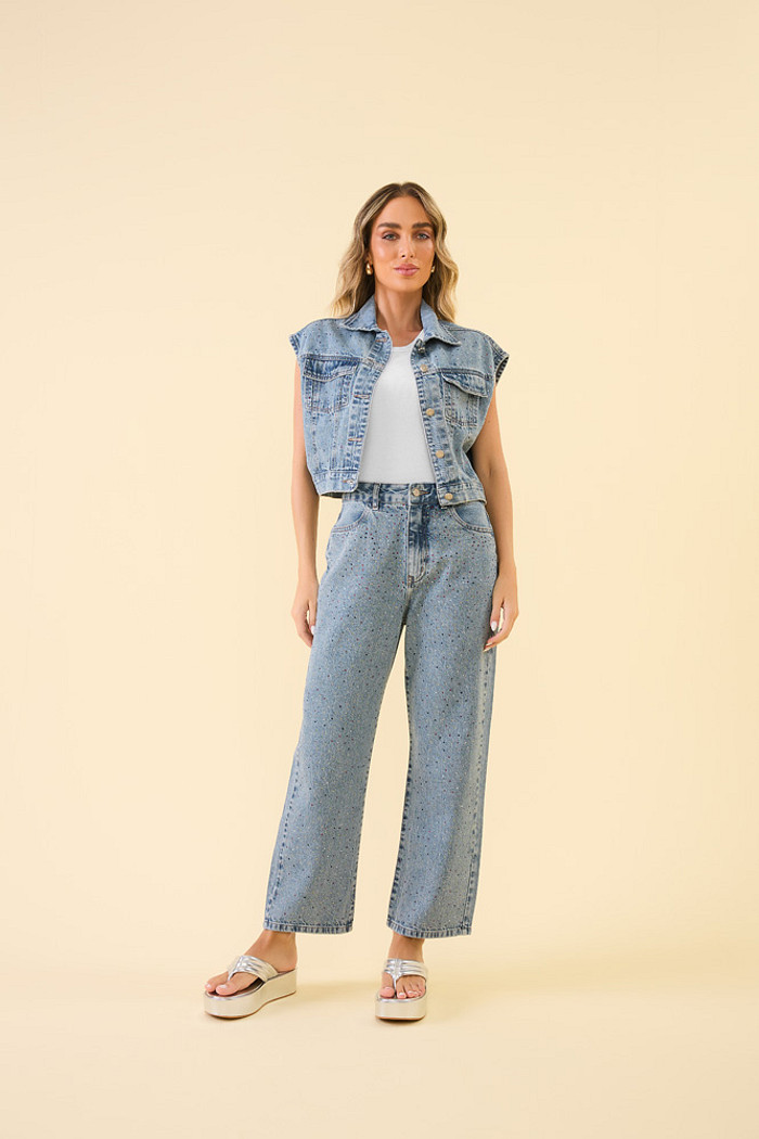 Calça reta strass em jeans
