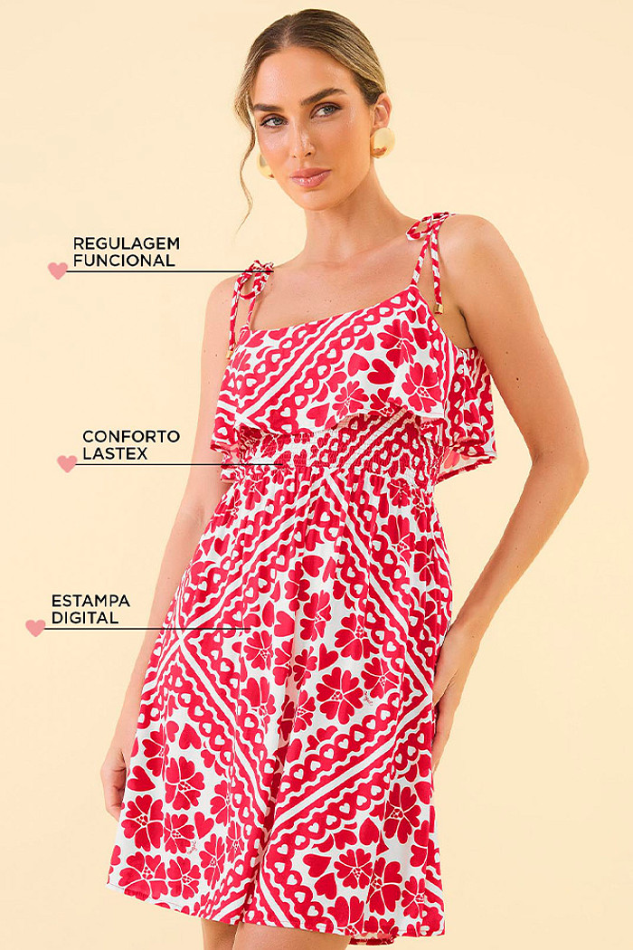 Vestido curto com alça em viscose estampada