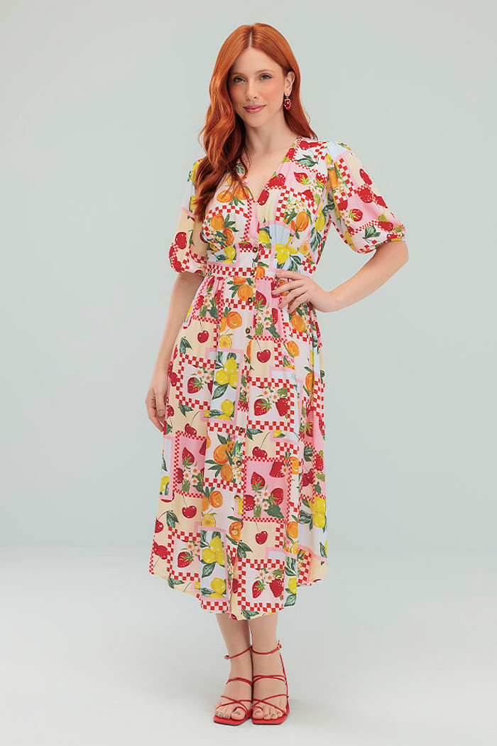 Vestido midi com botões e decote V