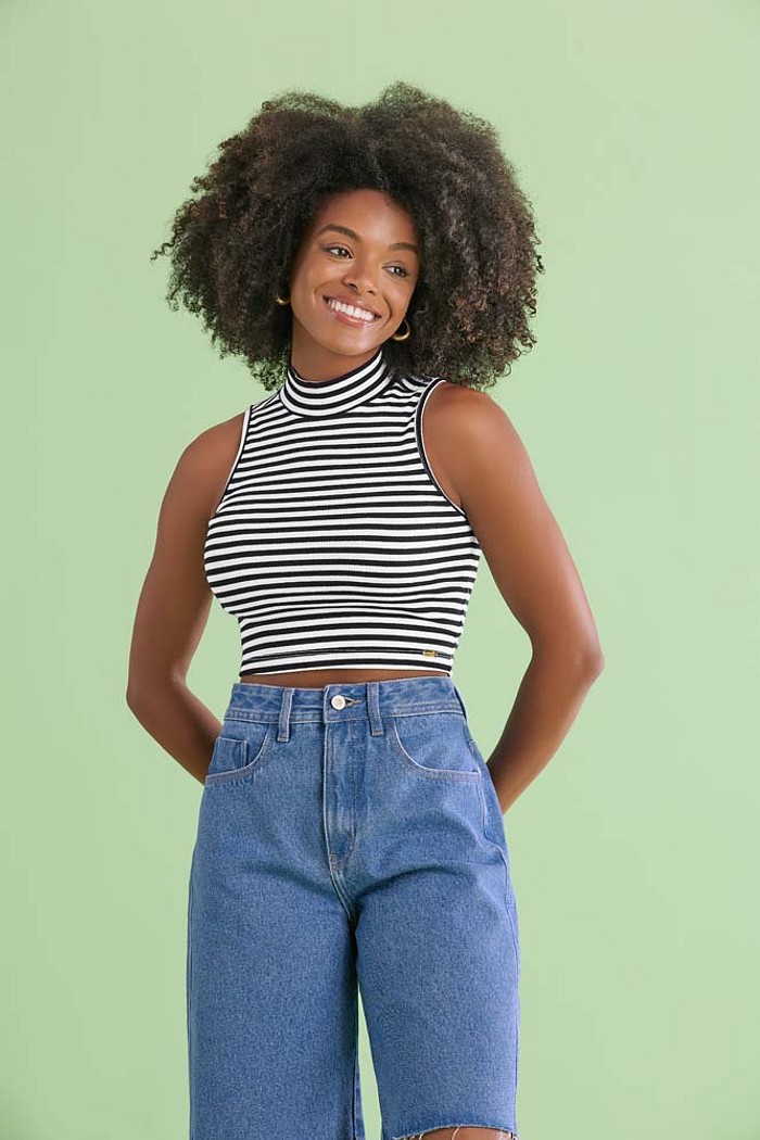 Regata cropped em ribana 2x1 listrada