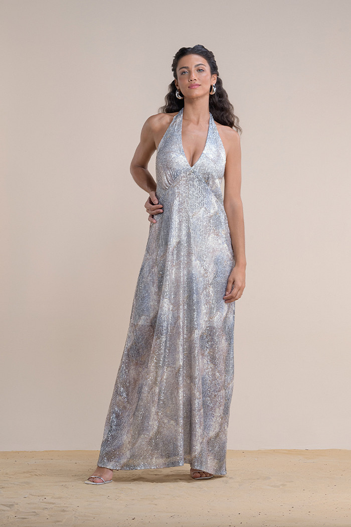 Vestido longo em paetê estampado com elástico nas costas