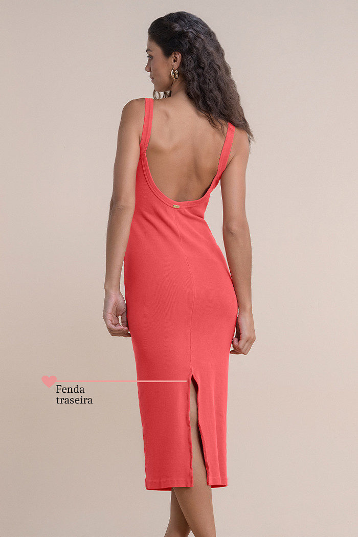 Vestido midi em ribana com fenda traseira